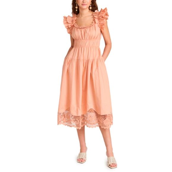 Ulla Johnson Leona Lace Ruffle Linen Blend Midi Dress Azalea Size 2
